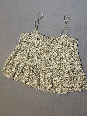 Paper Crane Top M Women White & Olive Floral Spaghetti Strap Front Button #UBJ